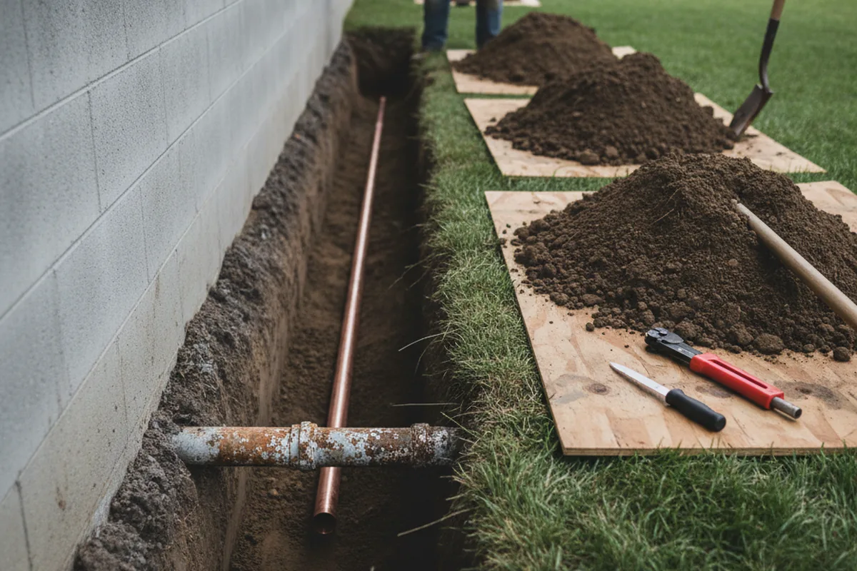 Excavated water line trench during Water Heater Repair in Loysville
